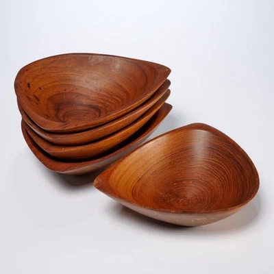 Lote de 5 tigelas vintage esculturais esculpidas à mão em madeira de teca para servir salada Emil Milan - Imagem 1 de 4