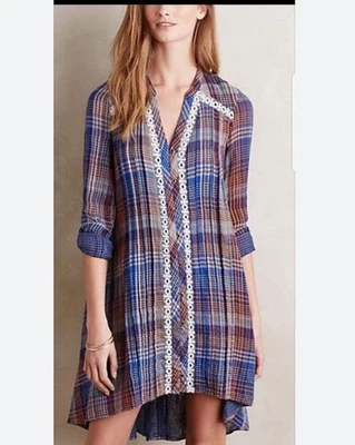 Vestido túnica Anthropologie Holding Horses a cuadros alto-bajo abotonada para mujer XS Foto 1 de 4