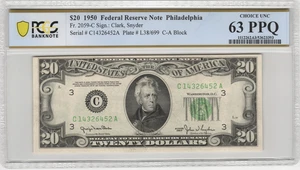 Fr.2059-C 1950 Philadelphia $20 Federal Reserve Note PCGS Choice UNC 63 PPQ - Picture 1 of 2