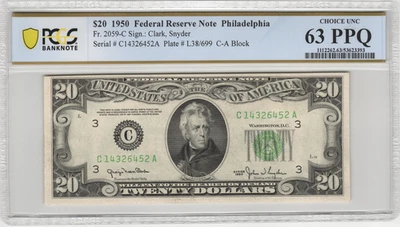 Fr.2059-C 1950 Philadelphia $20 Federal Reserve Note PCGS Choice UNC 63 PPQ - Image 1 of 2