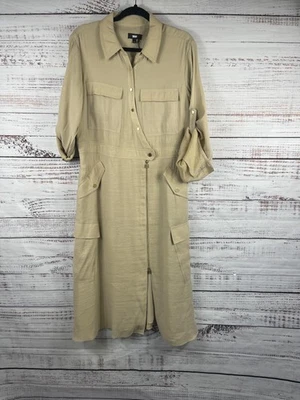 DKNY Dress Womens XL Beige Utility Shirt Midi Zip Front Pockets Roll Tab - Image 1 of 4