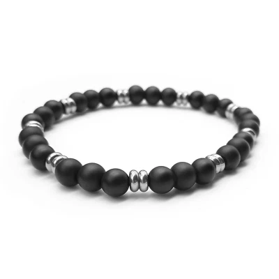 Bracciale Pietre dure naturali ONICE Nero perle ACCIAIO INOX argento Uomo Donna - Immagine 1 di 4