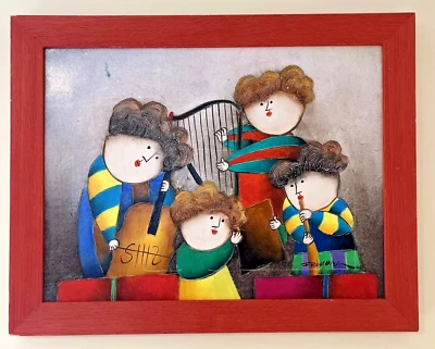 Pintura en lienzo vintage J. Roybal música enmarcada cuarteto infantil 12x15 años 70 Foto 1 de 4