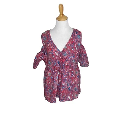 Lucky Brand Womens Pink Red Blue Floral Print Cold Shoulder Blouse Top Sz L - Image 1 of 4