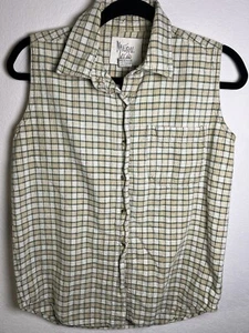 Women's Medium Sleeveless Plaid Button Up Shirt Collared Linen Cotton Blend - Picture 1 of 5