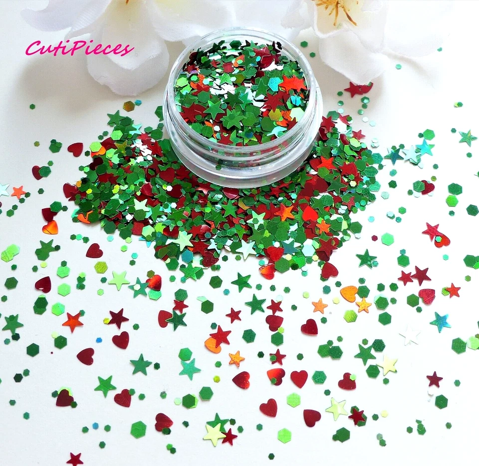 Nail Art Glitter *Holly* Green Red Stars Heart Hexagons Holographic Mix 5ml Pot