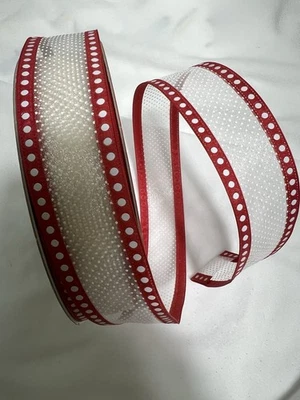10 Yards 1.5 Inch Wired Winter Christmas Valentines Red White Microdot Ribbon - Image 1 of 3