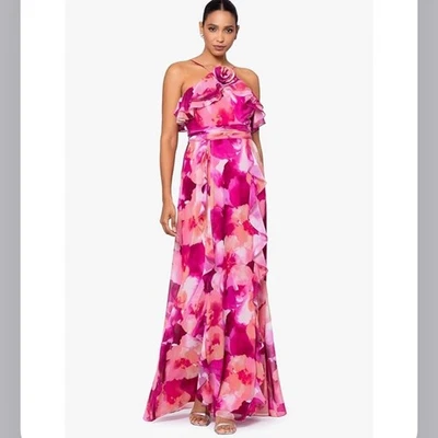 XSCAPE Mujer Estampado Floral Roseta Halter Vestido Rosa Volantes Vestido 6 Foto 1 de 4