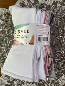 K BELL Women's Modal Roll Top Multicolor Crew Socks, 5.5-10 Shoe Size, 6 Pairs - Picture 1 of 8