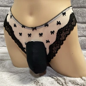 26-40 M Black Bow Thong VICTORIAS SECRET Trans Women Men Pouch Panties Sissy - Picture 1 of 8