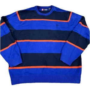 Chaps Sweater Men Large Blue Orange Crew Neck Knit Sweatshirt Colorblock Stripes - Picture 1 of 9