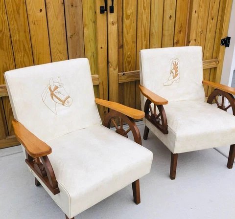 Vintage Country Western Cowboy Wagon Wheel Rocker Chairs  Leather Naugahyde Cover