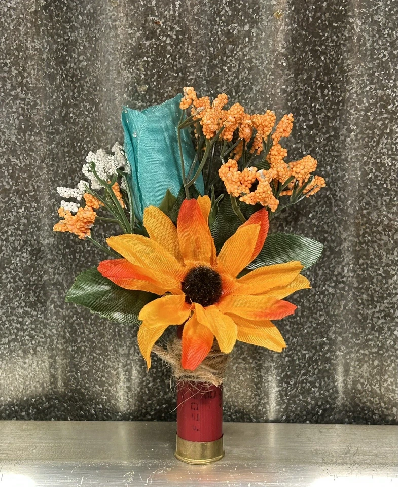Shotgun Shell Boutonnière w/ Flower Mix, Wrapped in Burlap String Wedding - Image 1 of 1
