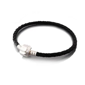 7.5" Genuine Leather Black Bracelet fits European Charms Compatible - Picture 1 of 2