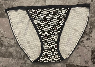 NWT VICTORIA'S SECRET L SILVER BLACK HEART MONOGRAM RARE STRING BIKINI PANTIES - Image 1 of 3