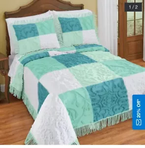 Patchwork Chenille Fringe Trim Textured Bedspread And Shams Queen NIP - Picture 1 of 3