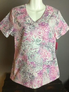 NWT SCRUBSTAR WOMEN’S V-NECK TOP   “A COLORFUL IMPRESSION” PRINT    PINK   SMALL - Picture 1 of 7