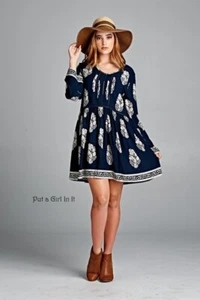 New VELZERA Womens PLUS SIZE NAVY BLUE FLORAL BOHO HIPPIE CHIC DRESS TUNIC 1XL - Picture 1 of 4