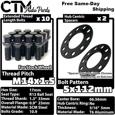 2x 5mm Thick 5x112 66.56mm CB Wheel Spacer Black Bolt Audi & Macan Stock Wheel - Image 1 of 4