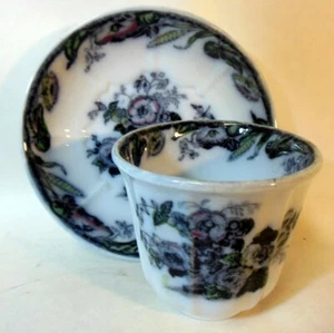 Antique Polychromatic Flow Blue CUP & SAUCER AVON Pattern Ironstone Urn Flowers - Picture 1 of 10