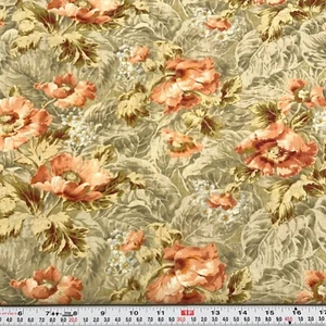 Peach Florals on Green Blank Quilting 2010 Cotton Fabric by the HALF YARD - Picture 1 of 2