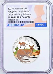 2025 Colored HIGH RELIEF 1oz Silver Kangaroo $1 Coin NGC PF70 ER Flag Label - Picture 1 of 4