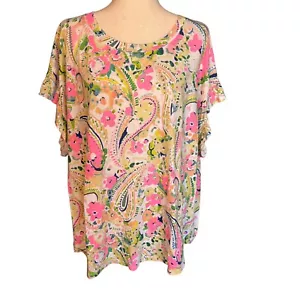 Crown & Ivy Top Womens 4X Pink Floral Print Scoop Neck Short Sleeve Ruffle - Picture 1 of 5