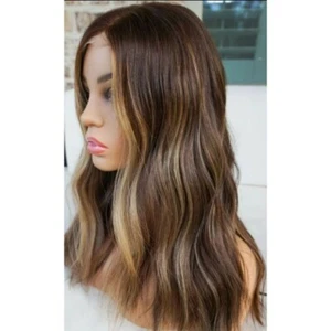 Peluca de cabello real marrón, reflejos rubios, estilo permanente, se puede teñir, tejer a mano 100% - Imagen 1 de 6