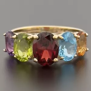 9ct Yellow Gold Assorted Gemstone Five Stone Eternity Ring Size N Hallmarked - Picture 1 of 10