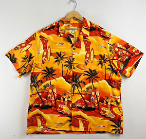 Vintage Hawaiian Shirt Mens 2XL XXL Bright Surf Sunset Yellow Tropical Print