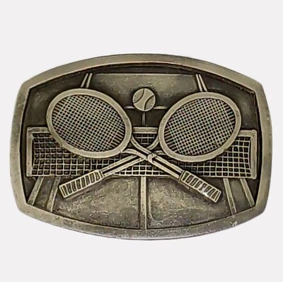 Pewter Belt Buckle Tennis Rackets Vintage Indiana Metal Craft 1977 - Image 1 of 3