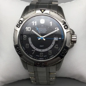 Wenger Swiss Military GMT Watch Men 42mm Silver Black Dial Date New Battery 8.5" - Picture 1 of 13