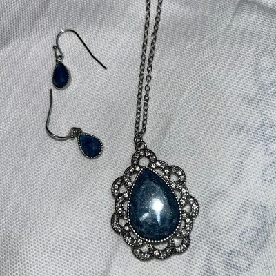 "Juego de pendientes collar Liz Claiborne 15-17"" piedras azul aguamarina pedrería nuevos sin etiquetas lc" Foto 1 de 4