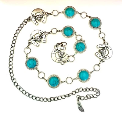 Cinto Western Concho feito à mão com pena turquesa e prata - Ajuste ajustável C - Imagem 1 de 3