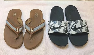 Nike Slides Camo Print Size 10 And Polo Ralph Lauren Size 9 Brown Sandals Lot - Picture 1 of 16