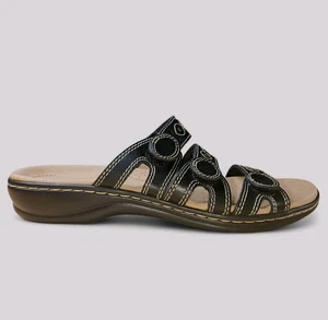 Clarks Collection Black Leather Sandals Size 8 Narrow Comfort Slide Cushioned  - Picture 1 of 10