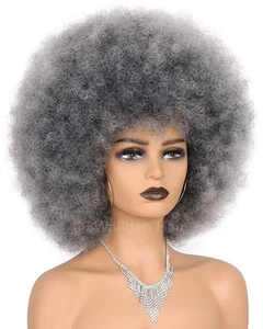 Grey Afro Curly Wigs for Black Women - Glueless, Wear and Go, 70's Style, Sho... - Picture 1 of 7