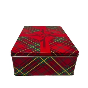 Vintage Weihnachten leere Dose rot grün kariert rote Schleife 10,5 x 8 x 3,5" - Bild 1 von 5