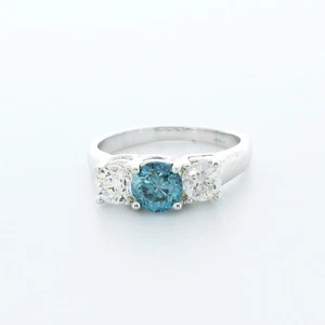 1 CT Blue VS2 Round Cut Natural Certified Diamonds Plat Classic Three Stone Ring - Picture 1 of 14