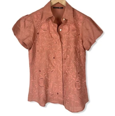 Lafayette 148 Orange Embroidered Eyelet Puff Sleeve Linen Button Up Blouse Top 4 - Image 1 of 4