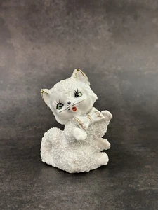 Vintage Sugar Glaze Coated Porcelain Kitty Cat Kitten Kitsch Green Eyes Figurine - Picture 1 of 10