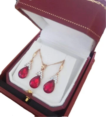 Yellow gold finish pearcut Ruby & cluster created diamond necklace and earrings  - Image 1 of 4
