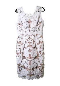 J PETERMAN Womens 8 Sleeveless Sheath Dress White Lace Nude Underlay Linen - Picture 1 of 11