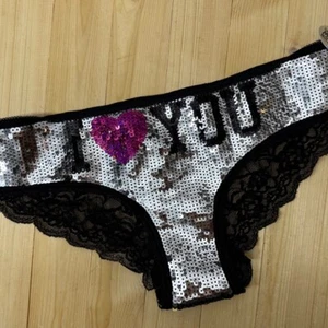Pink By VS Sequin I Love You Lace Trim Panties. Medium. NWT. - Picture 1 of 9