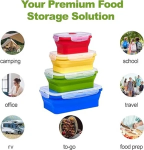 Silicone Food Storage Containers- with BPA Free Airtight Plastic Lids - Set of 4 - Picture 1 of 7