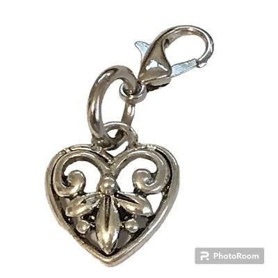 Fleur de Lis Heart Charm Silver Tone Vintage Clip On Zipper Pull Purse Nola - Image 1 of 4
