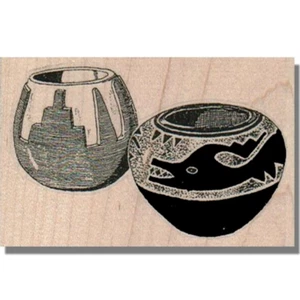 Wood Rubber Stamp, SOUTHWEST POTS, Native American Indian Pottery, Bird,Clay Pot - Picture 1 of 2
