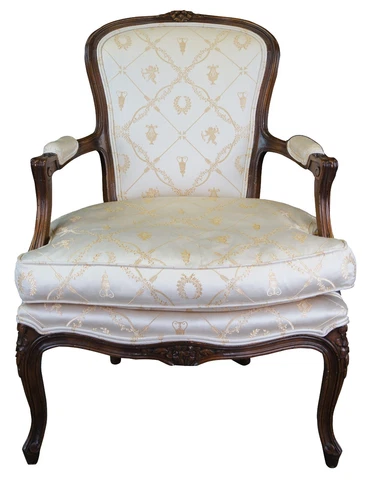 W & J Sloane Mid Century French Walnut Louis XV Fauteuil Arm Chair Downfill Seat Cover