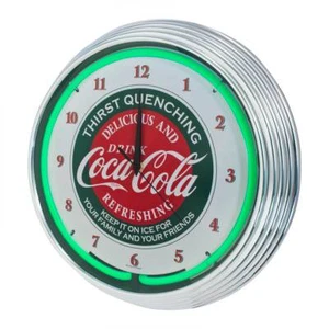 Coca Cola Retro Neon Lighted Wall Garage Clock Green Illumination & Chrome Trim - Foto 1 di 5