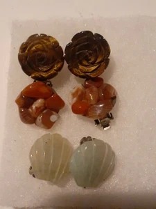 vintage gem Stone clip on earrings lot of 3.tiger eye agar jade - Picture 1 of 4
